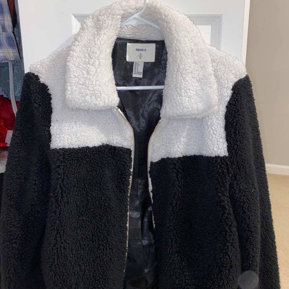 Black and White fuzzy jacket, cropped